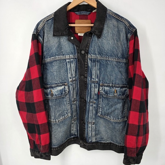 Levi's Other - Levis Premium Trucker Jacket Mens XL Denim Plaid Flannel Buffalo Check Sleeve
